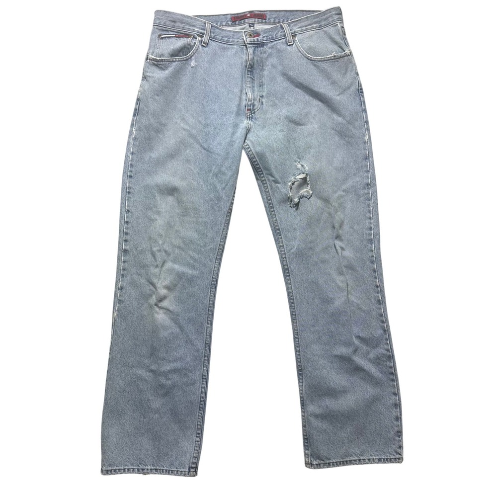Vintage 90s Tommy Jeans Men's 36x32 Distressed Denim Pants Flag Logo Y2K Retro